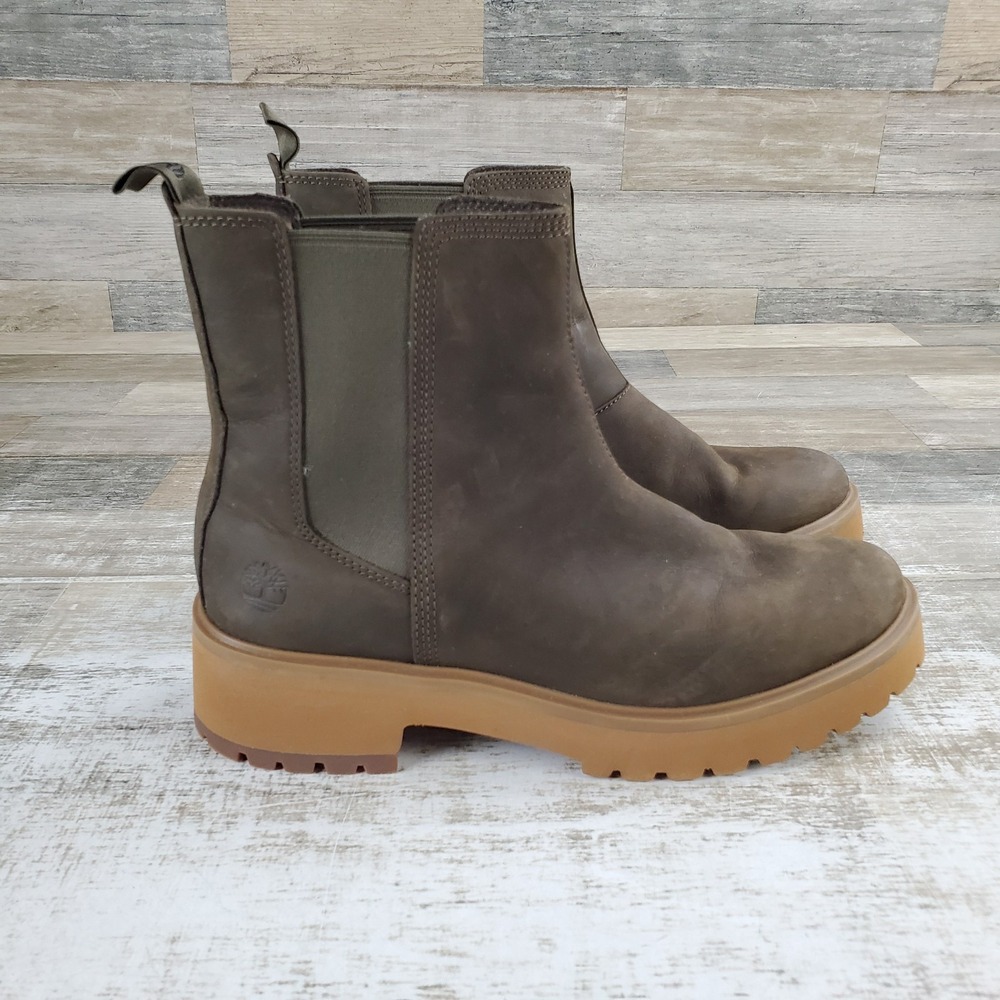 Timberland Carnaby Cool Chelsea Boots Womens Sz 9 M Olive Full Leather Pull On